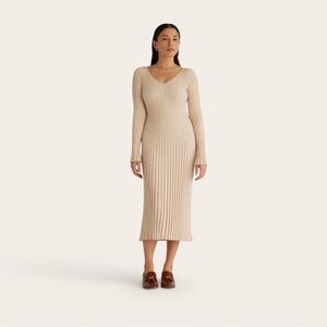 Quince Cotton Cashmere Ribbed V-Neck Midi Dress Heather Oatmeal XS NWT